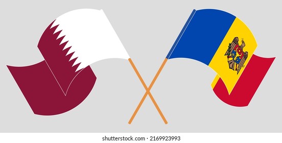 Crossed and waving flags of Qatar and Moldova. Vector illustration
