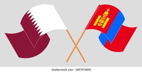 Crossed and waving flags of Qatar and Mongolia