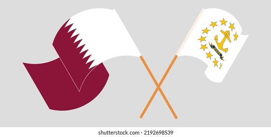 Crossed and waving flags of Qatar and the State of Rhode Island. Vector illustration
