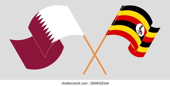Crossed and waving flags of Qatar and Uganda