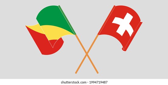 Crossed and waving flags of Republic of the Congo and Switzerland
