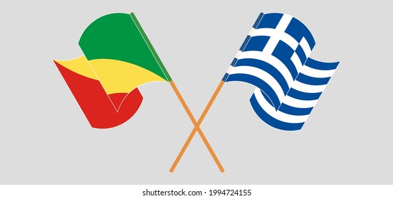 Crossed and waving flags of Republic of the Congo and Greece