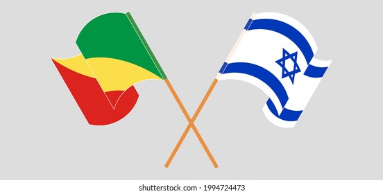 Crossed and waving flags of Republic of the Congo and Israel