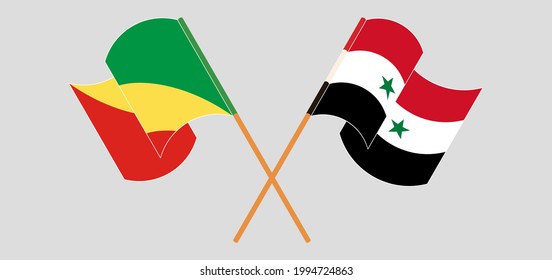 Crossed and waving flags of Republic of the Congo and Syria