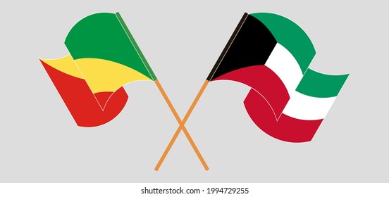 Crossed and waving flags of Republic of the Congo and Kuwait