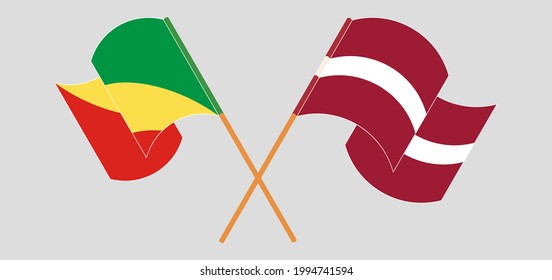 Crossed and waving flags of Republic of the Congo and Latvia