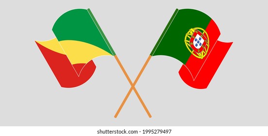 Crossed and waving flags of Republic of the Congo and Portugal