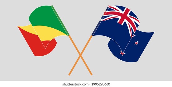 Crossed and waving flags of Republic of the Congo and New Zealand