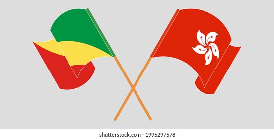 Crossed and waving flags of Republic of the Congo and Hong Kong