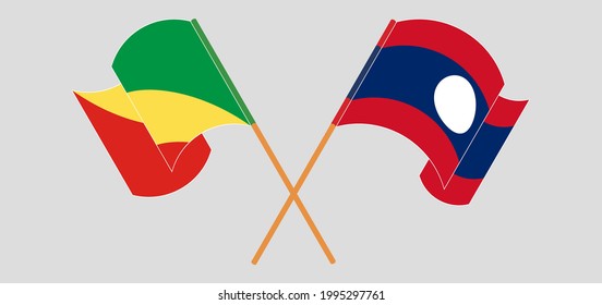 Banderas cruzadas y ondeando banderas de la República del Congo y Laos