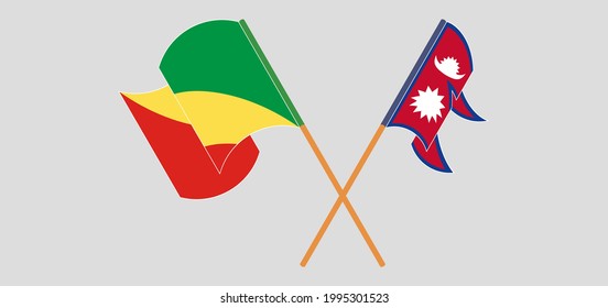 Banderas cruzadas y ondeando banderas de la República del Congo y Nepal
