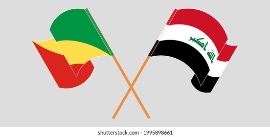 Crossed and waving flags of Republic of the Congo and Iraq