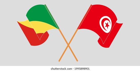 Banderas cruzadas y ondeando banderas de la República del Congo y Túnez
