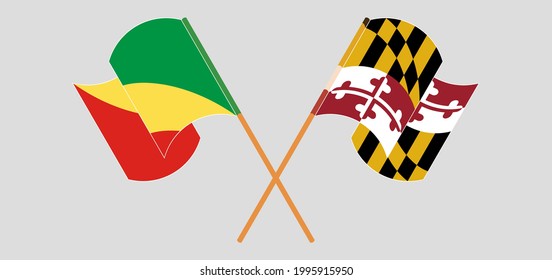 Crossed and waving flags of Republic of the Congo and the State of Maryland