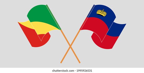 Crossed and waving flags of Republic of the Congo and Liechtenstein