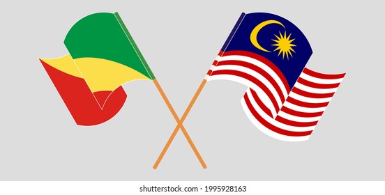 Crossed and waving flags of Republic of the Congo and Malaysia