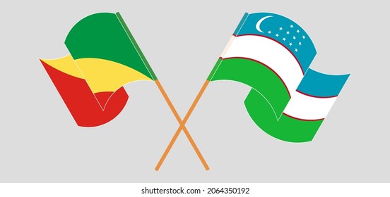 Crossed and waving flags of Republic of the Congo and Uzbekistan