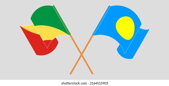 Gekreuzte und wehende Flaggen der Republik Kongo und Palaus. Vektorgrafik
