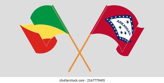 Crossed and waving flags of Republic of the Congo and The State of Arkansas. Vector illustration
