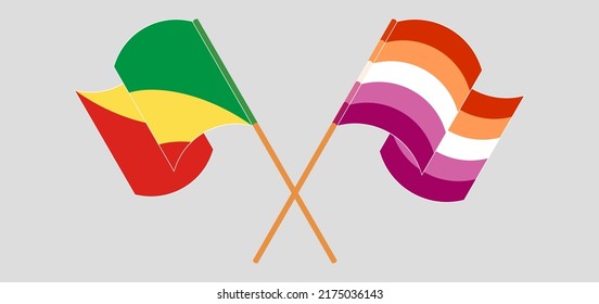 Crossed and waving flags of Republic of the Congo and Lesbian Pride