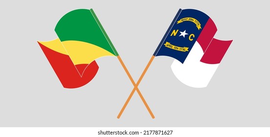 Crossed and waving flags of Republic of the Congo and The State of North Carolina. Vector illustration
