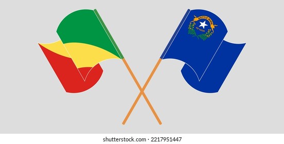 Crossed and waving flags of Republic of the Congo and The State of Nevada. Vector illustration
