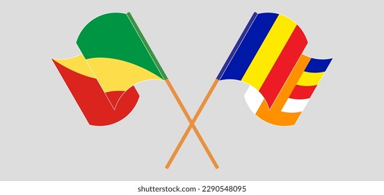 Crossed and waving flags of Republic of the Congo and Buddhism. Vector illustration
