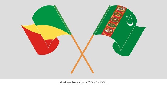 Crossed and waving flags of Republic of the Congo and Turkmenistan. Vector illustration
