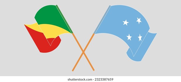 Gekreuzte und wehende Flaggen der Republik Kongo und Mikronesiens. Vektorgrafik
