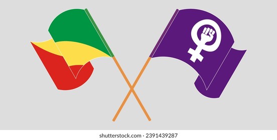 Crossed and waving flags of Republic of the Congo and Feminism. Vector illustration

