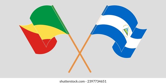 Cruzando y ondeando banderas de la República del Congo y Nicaragua. Ilustración del vector