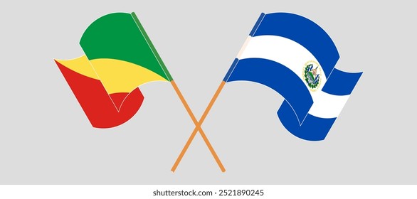 Crossed and waving flags of Republic of the Congo and Republic of El Salvador. Vector illustration.
