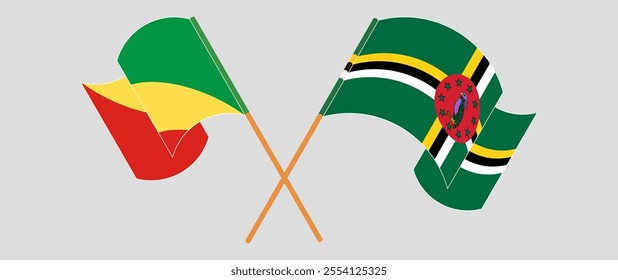 Crossed and waving flags of Republic of the Congo and Dominica. Vector illustration.
