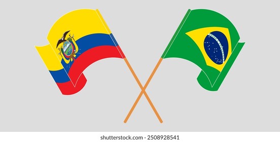 Überquerte und wehende Flaggen der Republik Ecuador und Brasiliens. Vektorgrafik

