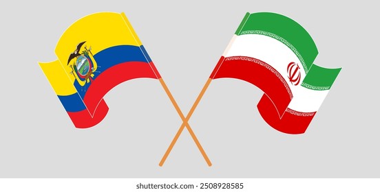Bandeiras cruzadas e acenando do Equador e do Irã. Ilustração vetorial
