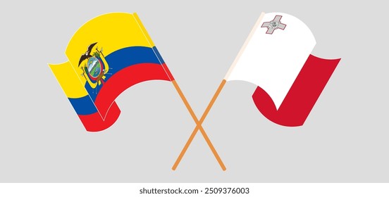 Crossed and waving flags of Republic of Ecuador and Malta. Vector illustration
