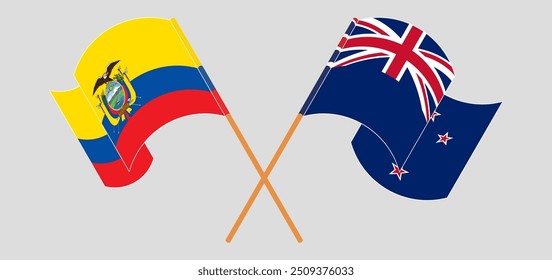 Bandeiras cruzadas e acenando da República do Equador e da Nova Zelândia. Ilustração vetorial
