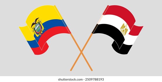 Crossed and waving flags of Republic of Ecuador and Egypt. Vector illustration
