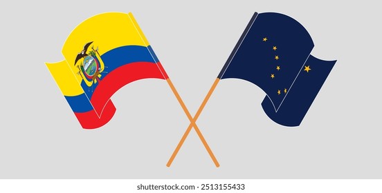 Überquerte und wehende Flaggen der Republik Ecuador und des Staates Alaska. Vektorgrafik.
