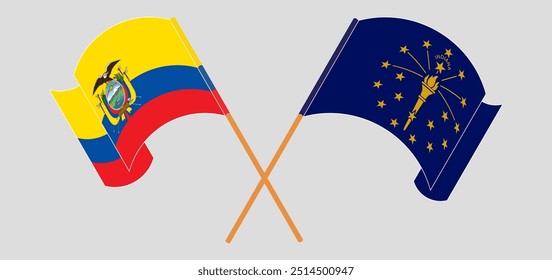 Crossed and waving flags of Republic of Ecuador and the State of Indiana. Vector illustration.
