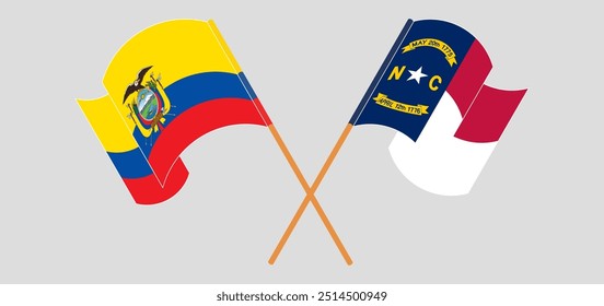 Crossed and waving flags of Republic of Ecuador and The State of North Carolina. Vector illustration.
