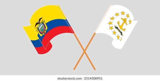 Banderas cruzadas y ondeando de la República del Ecuador y el Estado de Rhode Island. Ilustración vectorial.
