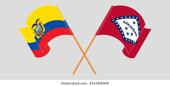 Crossed and waving flags of Republic of Ecuador and The State of Arkansas. Vector illustration.
