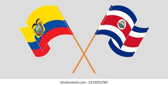 Crossed and waving flags of Republic of Ecuador and Costa Rica. Vector illustration.
