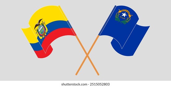 Crossed and waving flags of Republic of Ecuador and The State of Nevada. Vector illustration.
