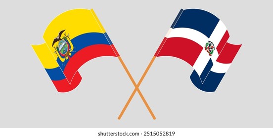 Bandeiras cruzadas e acenando da República do Equador e da República Dominicana. Ilustração vetorial.
