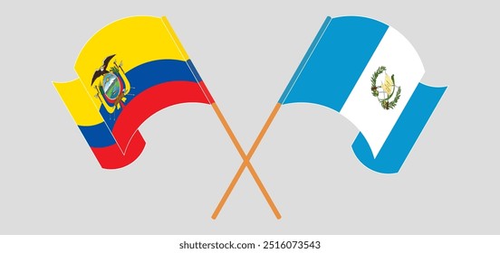 Crossed and waving flags of Republic of Ecuador and Republic of Guatemala. Vector illustration.
