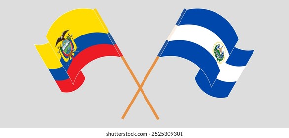 Crossed and waving flags of Republic of Ecuador and Republic of El Salvador. Vector illustration.
