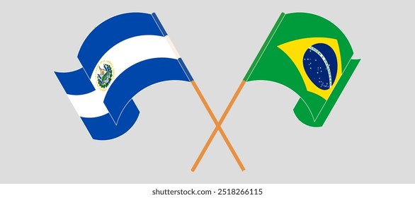 Bandeiras cruzadas e acenando da República de El Salvador e do Brasil. Ilustração vetorial.
