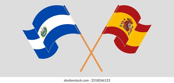 Bandeiras cruzadas e acenando da República de El Salvador e da Espanha. Ilustração vetorial.
